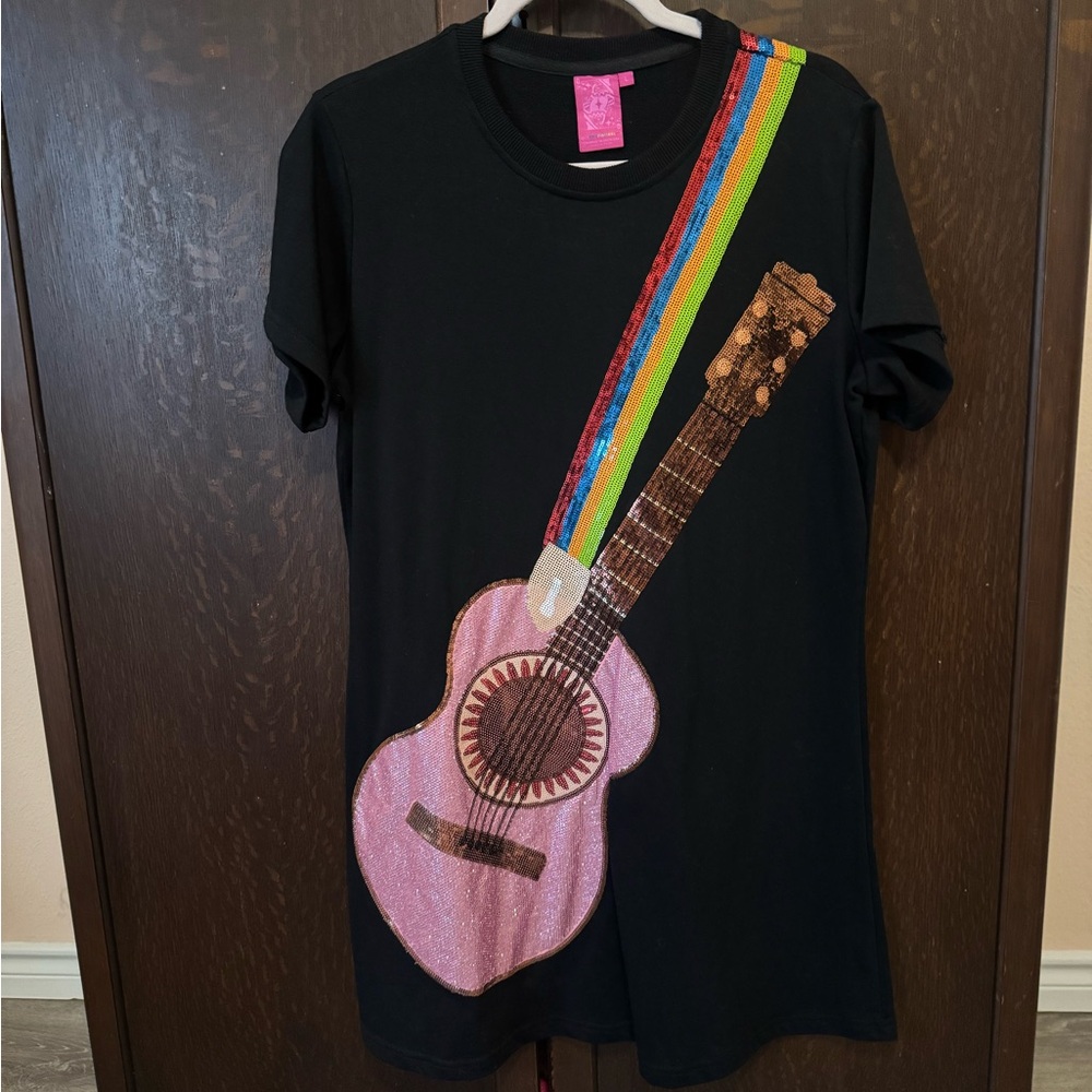 Black Women’s Graphic Guitar Tee Dress with Pink Guitar